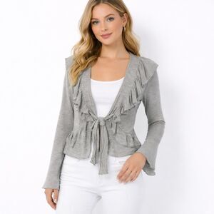 Ya LA Cardigan Large Sweater Ruffled Gray NWT **